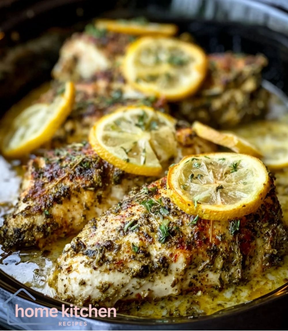 Slow Cooker Herb-Crusted Chicken with Lemon Garlic Sauce