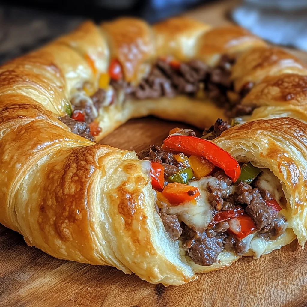 Savory Philly Cheese Steak Crescent Ring with Peppers and Provolone
