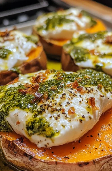 Sweet Potatoes with Burrata and Pesto
